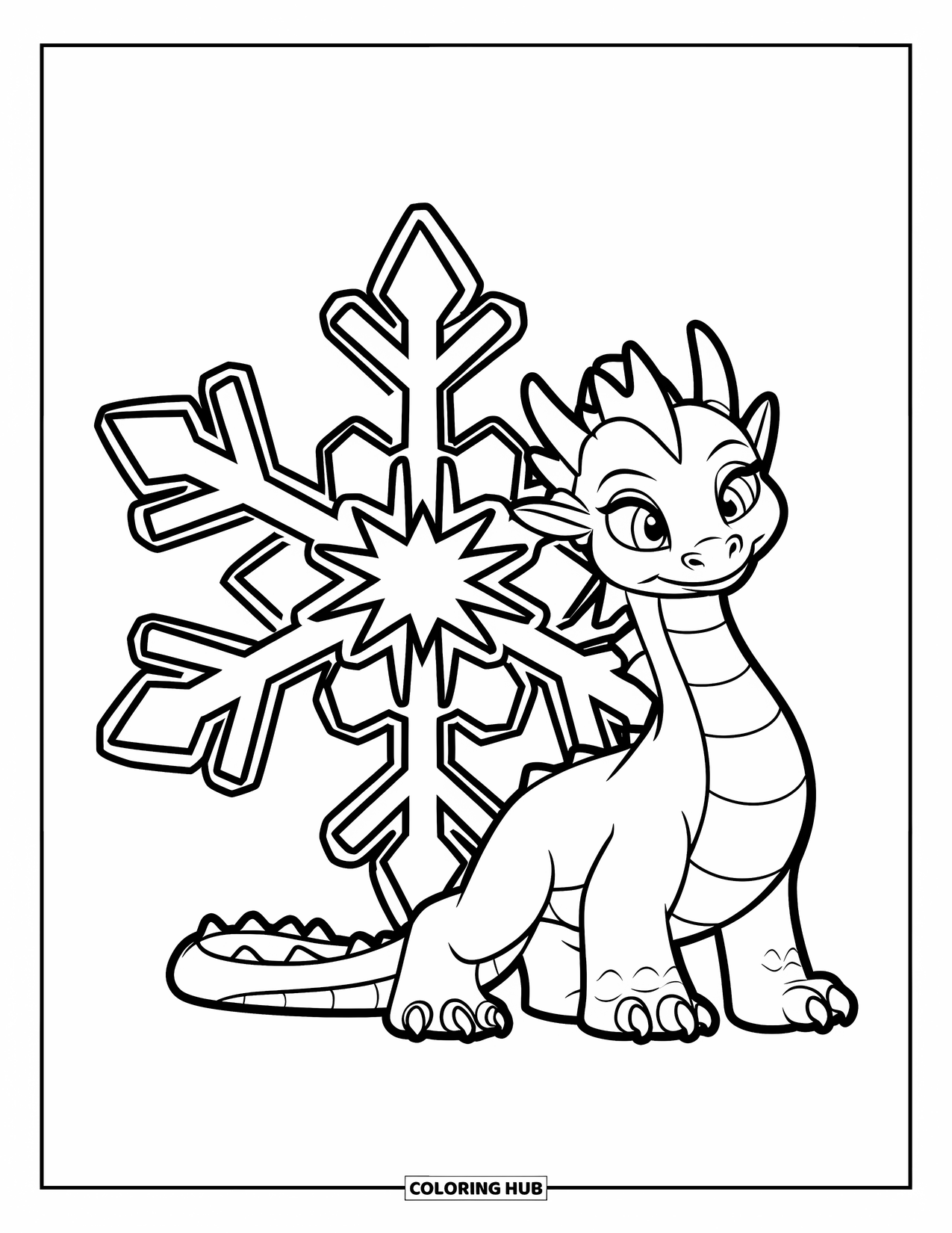 Ice Dragon Coloring Page for Kids: A smiling dragon stands next to a big snowflake on a clean white background