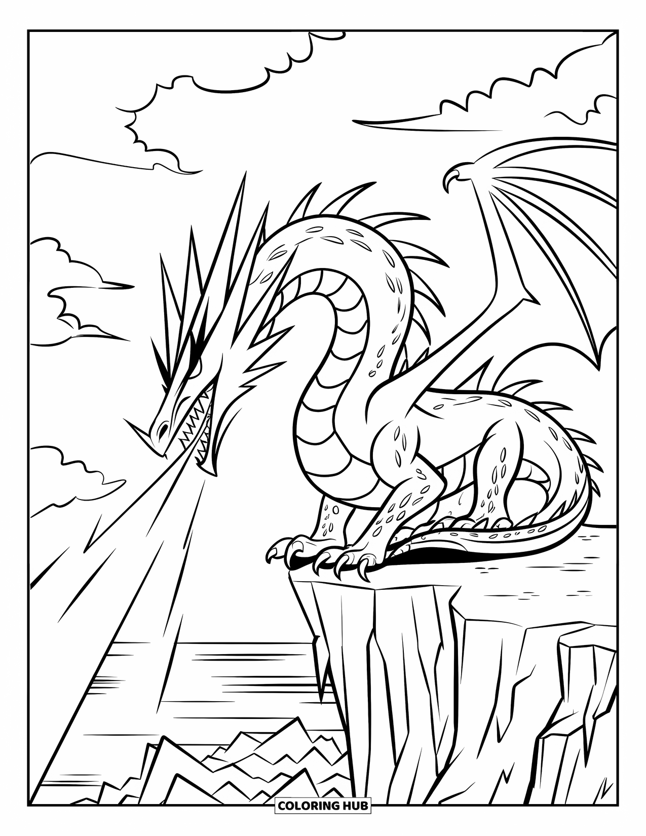Ice Dragon Coloring Page for Kids: A stormy sea crashes below a cliff as a dragon releases icy breath