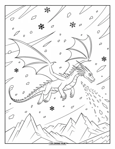 Dibujo de dragón de hielo para colorear para niños: Un dragón de hielo vuela entre viento arremolinado y copos de nieve cerca de las montañas