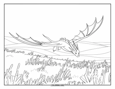 Dibujo de dragón de hielo para colorear para niños: Un dragón de hielo planea sobre hierba cubierta de escarcha en un tranquilo paisaje de colinas