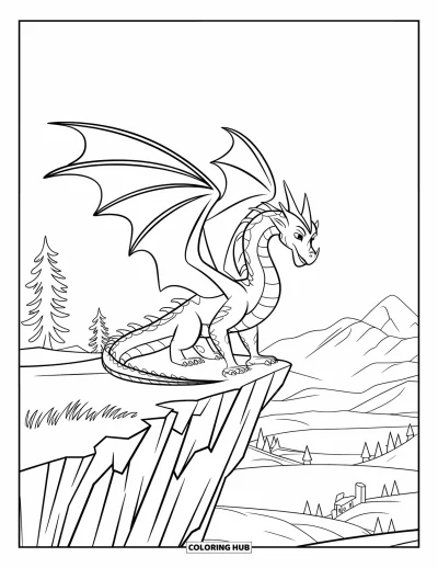 Dibujo de dragón de hielo para colorear para niños: Un dragón de hielo se posa orgulloso en un acantilado vigilando un valle congelado