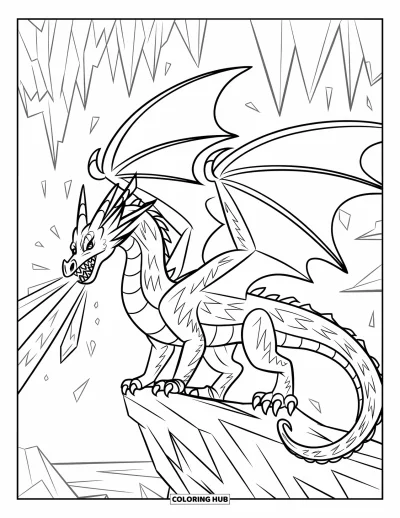 Dibujo de dragón de hielo para colorear para niños: Un dragón de hielo ruge desde un acantilado, enviando viento helado sobre una tierra congelada