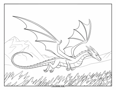 Dibujo de dragón de hielo para colorear para niños: Un dragón de hielo planea sobre campos de escarcha y montañas nevadas con expresión serena