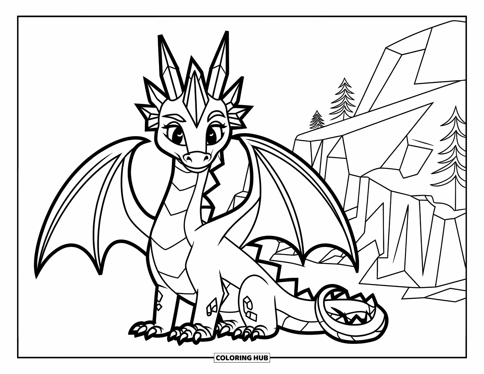 Ice Dragon Coloring Page for Kids: An ice dragon with crystal horns rests quietly beside a snowy mountain