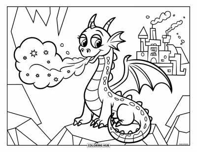 Dibujo de dragón de hielo para colorear para niños: Con ojos grandes y rasgos suaves, un dragón sopla copos de nieve cerca de un alto castillo