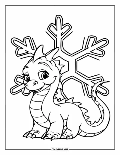 Dibujo de dragón de hielo para colorear para niños: Alegre y sencillo, un dragón sonríe junto a un enorme copo de nieve
