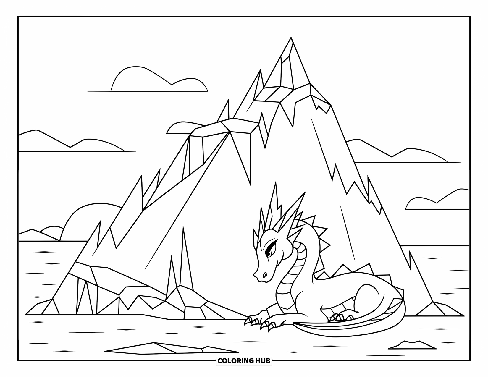 Ice Dragon Coloring Page for Kids: Curled beside a mountain, a dragon rests beneath hanging icicles and snow