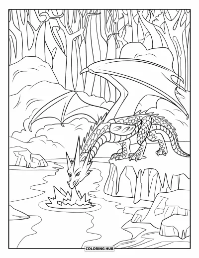 Dibujo de dragón de hielo para colorear para niños: El aliento helado de un dragón se extiende sobre un estanque congelado y un bosque nevado