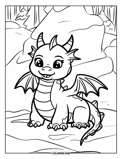 Dibujo de dragón de hielo para colorear para niños: Con una sonrisa suave, el pequeño dragón descansa sobre la nieve rodeado de árboles