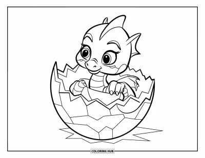 Dibujo de dragón de hielo para colorear para niños: El dragón bebé abraza un huevo congelado con los ojos muy abiertos y alitas pequeñas