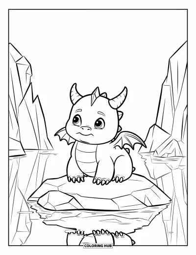 Dibujo de dragón de hielo para colorear para niños: El dragón rechoncho sonríe sentado junto a aguas tranquilas y icebergs