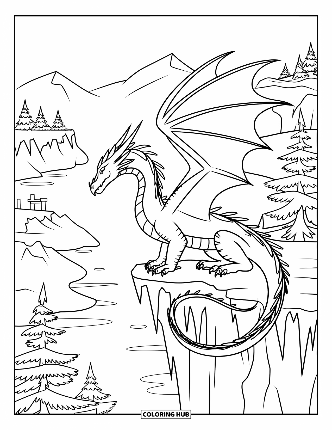 Ice Dragon Coloring Page for Kids: The dragon sits tall on a snowy cliff, overlooking a quiet, frozen village