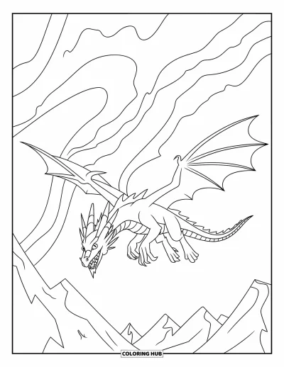 Dibujo de dragón de hielo para colorear para niños: Las auroras boreales brillan sobre un dragón que surca los cielos de montañas heladas