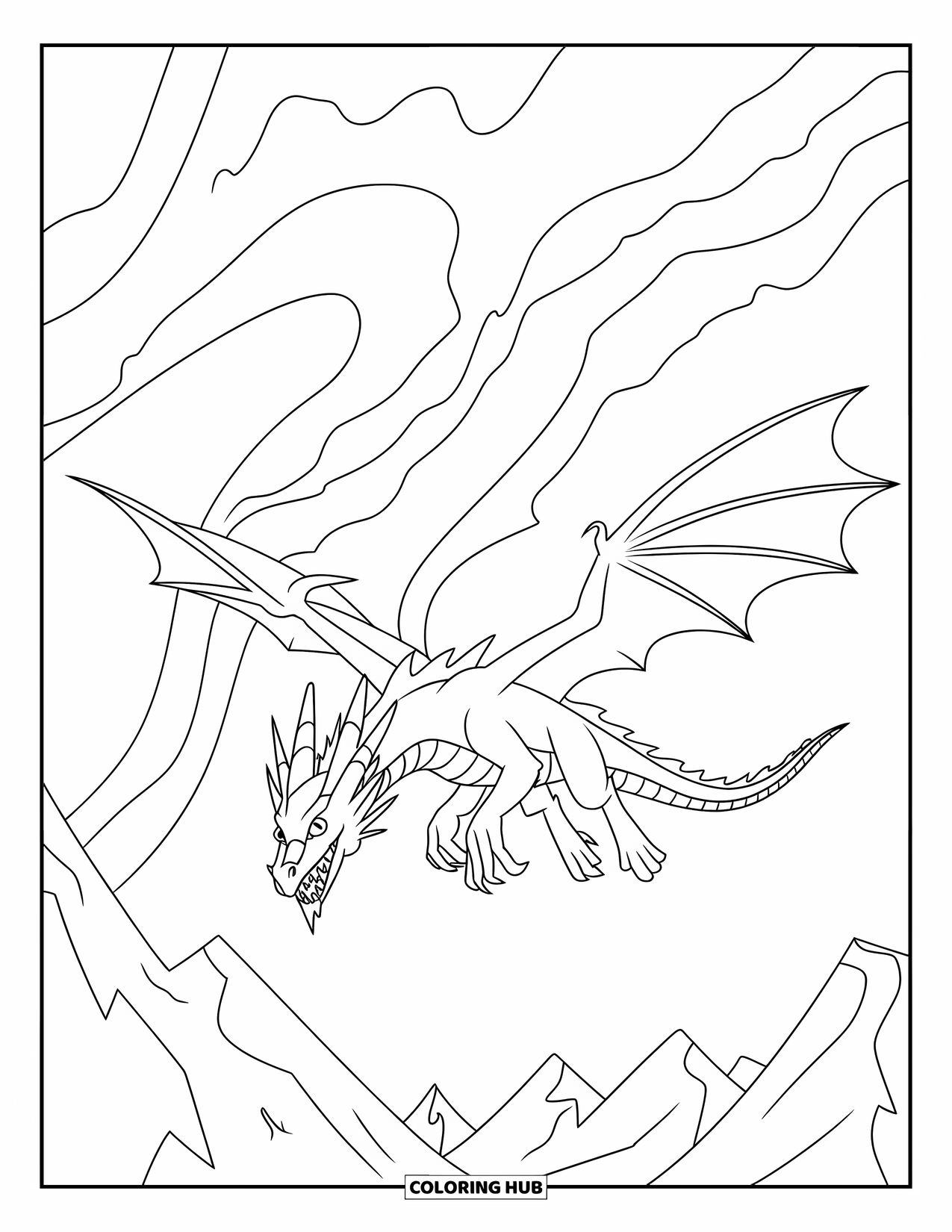 Ice Dragon Coloring Page for Kids: The northern lights swirl above a dragon soaring through icy mountain skies