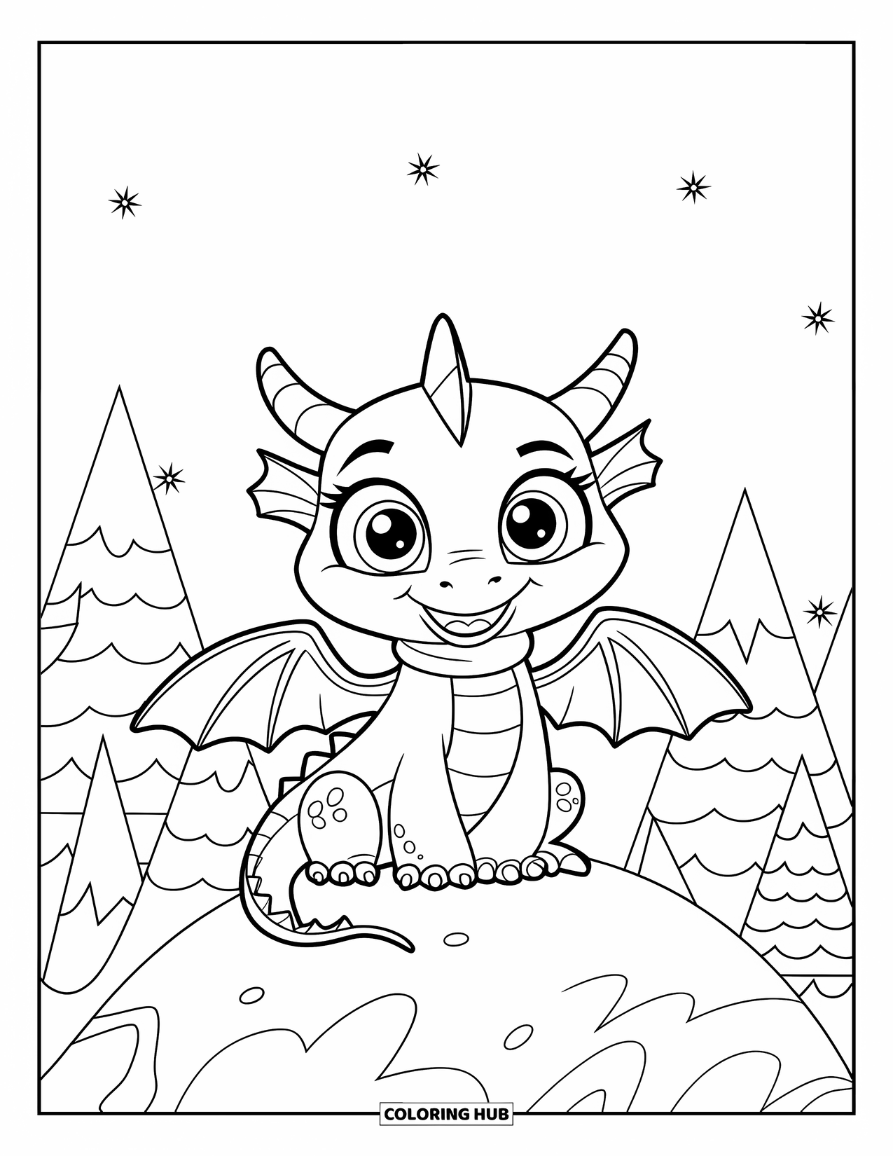 Ice Dragon Coloring Page for Kids: Wearing a scarf, the dragon sits cheerfully on a snowy hill under stars