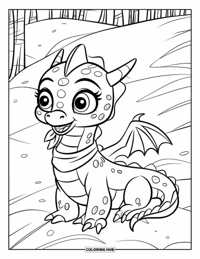 Dibujo de dragón de hielo para colorear para niños: Con una bufanda abrigada, el dragón descansa en una colina nevada cerca de árboles altos