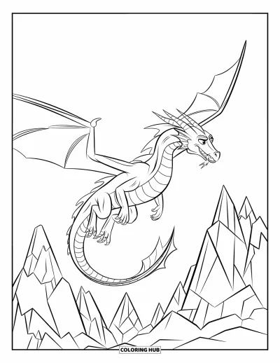 Dibujo de dragón de hielo para colorear para niños: Con la cola al viento, un dragón vuela sobre altas montañas nevadas