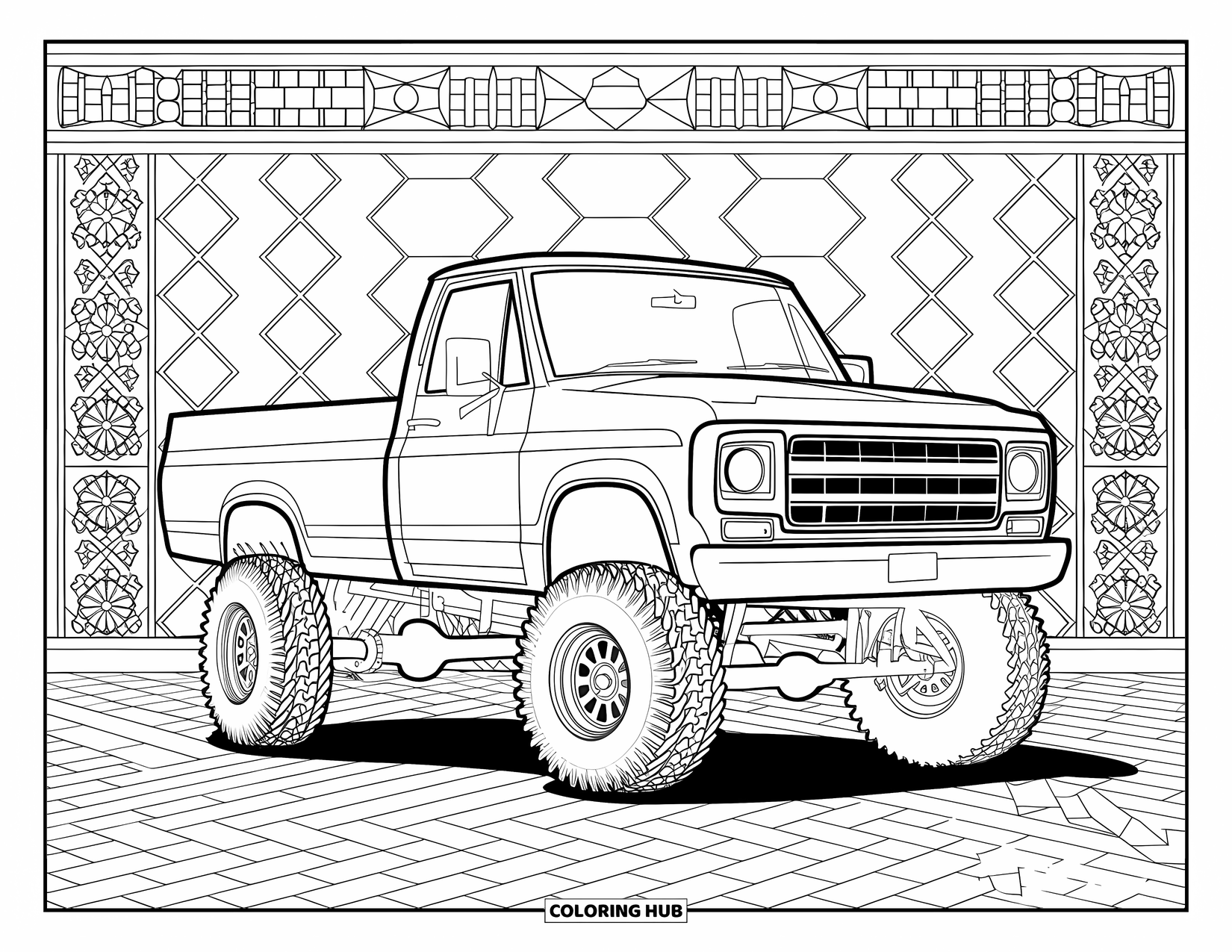 Lifted Truck Coloring Page for Adults: A lifted 4x4 truck with a flatbed rests on brick pavement with intricate patterns