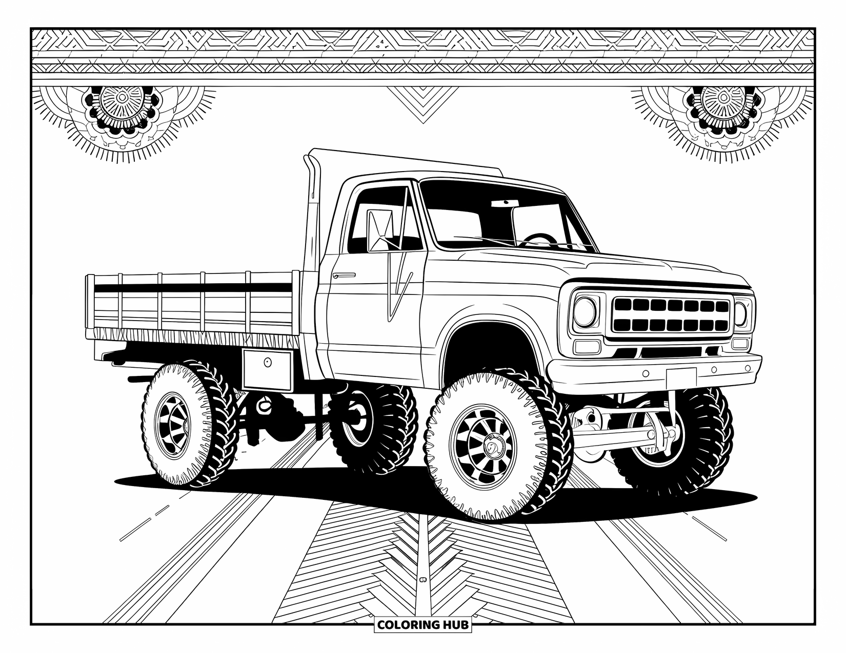 Lifted Truck Coloring Page for Adults: A lifted 4x4 truck with a flatbed sits on a patterned road