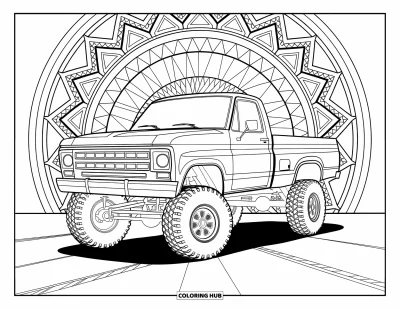 Målarbild med liftad pickup för vuxna: En liftad 4x4 med flak omgiven av mandalaliknande geometriska mönster