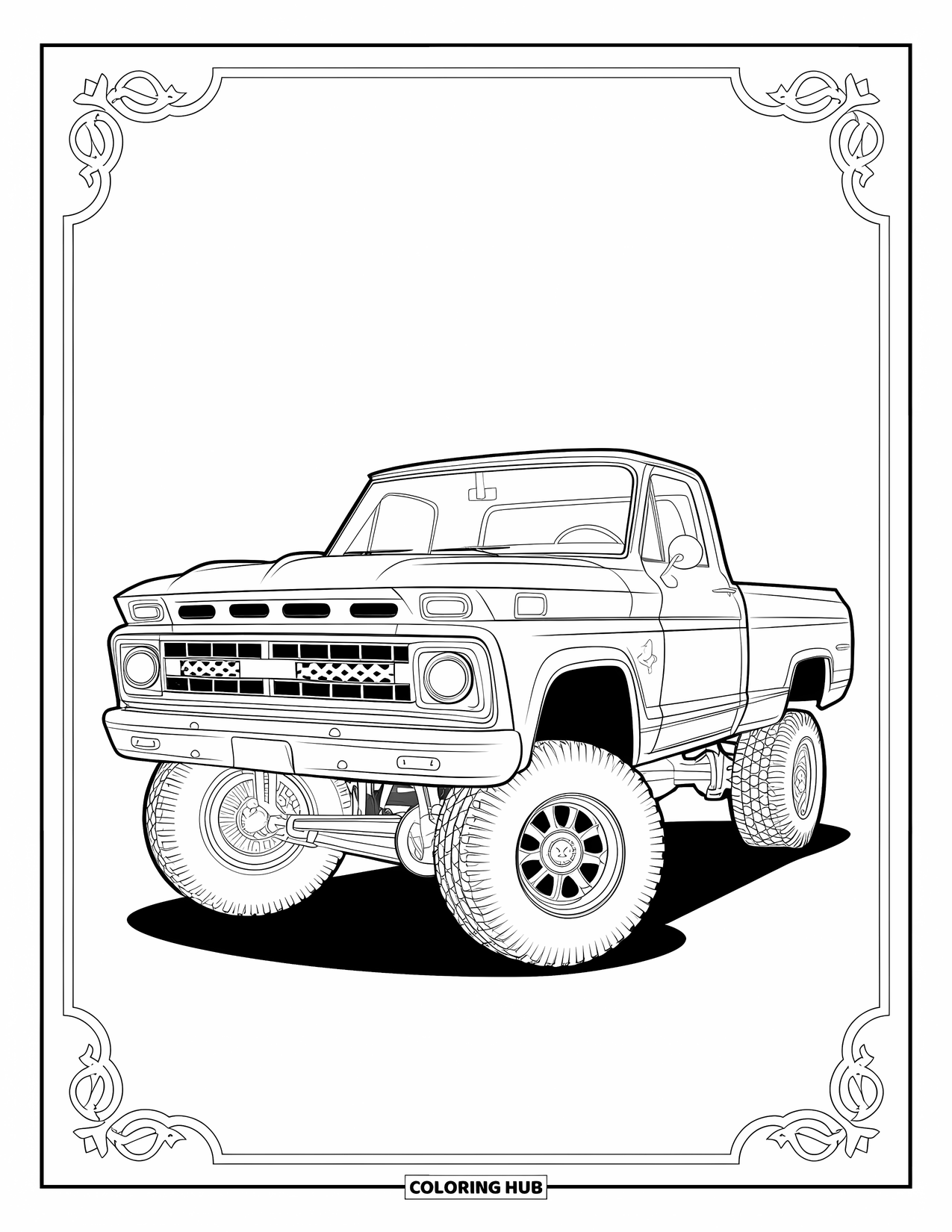 Lifted Truck Coloring Page for Adults: A lifted classic pickup truck with ornate grille designs framed by borders