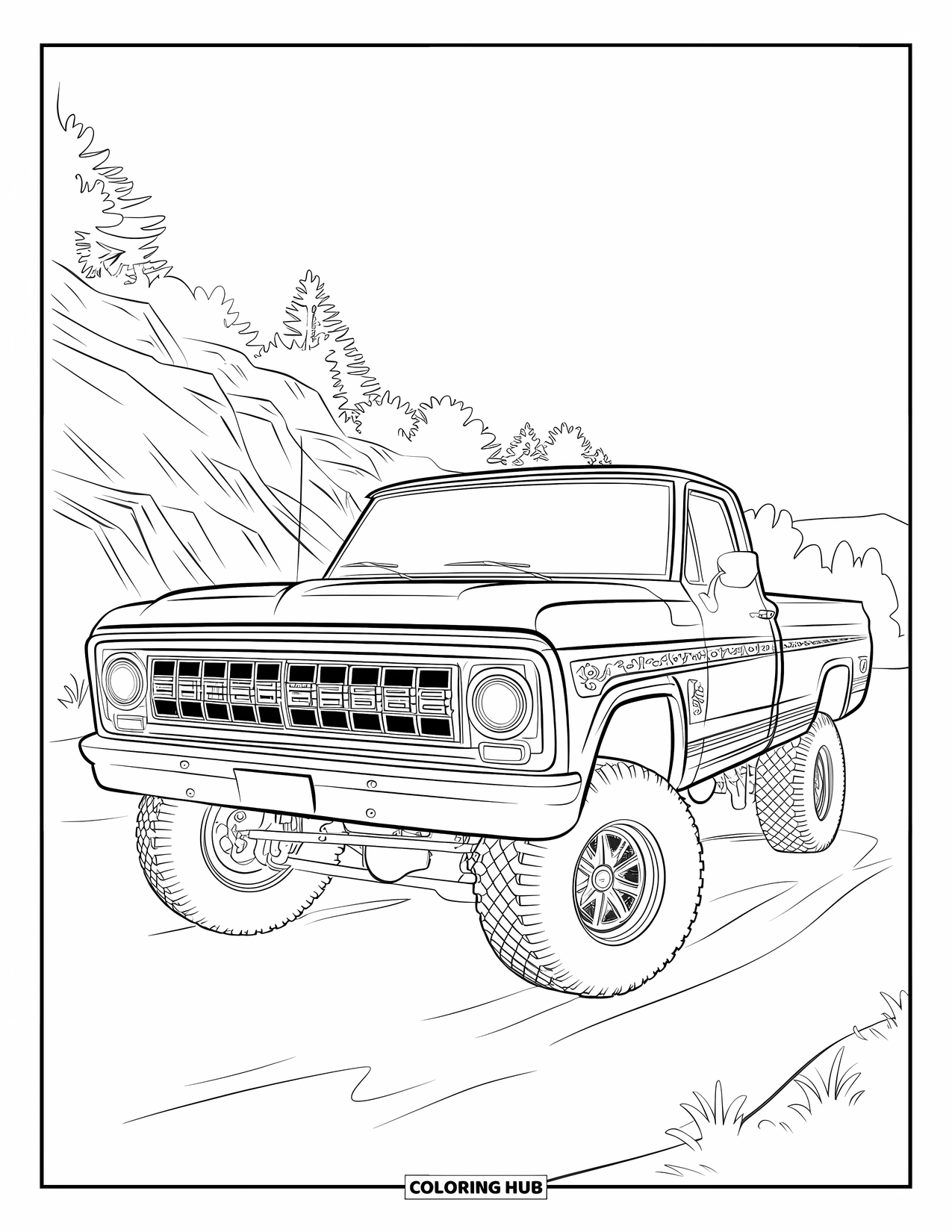 Lifted Truck Coloring Page for Adults: A lifted classic pickup truck with ornate grille stands on a dirt road