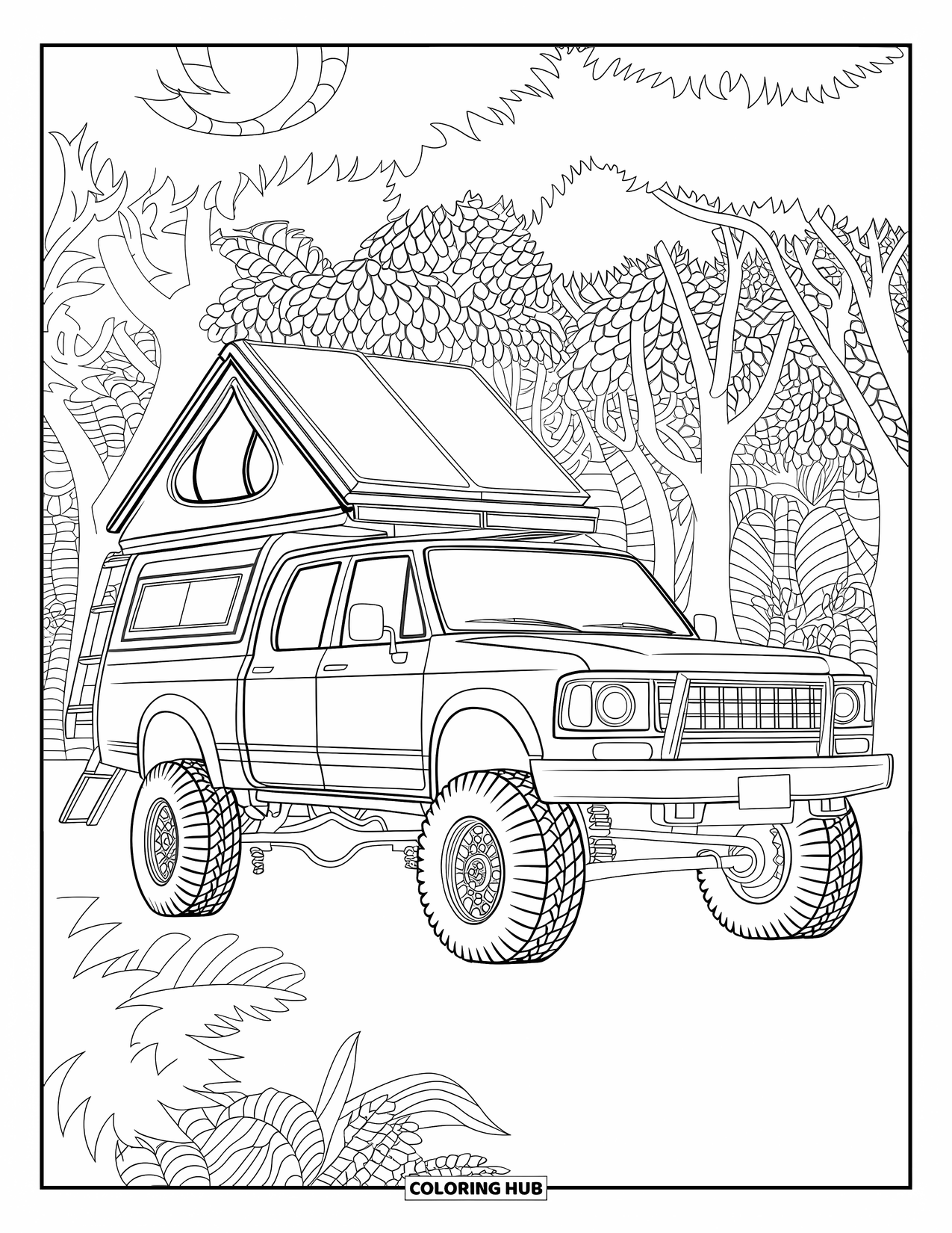 Lifted Truck Coloring Page for Adults: A lifted expedition truck with a rooftop tent is parked in a forest