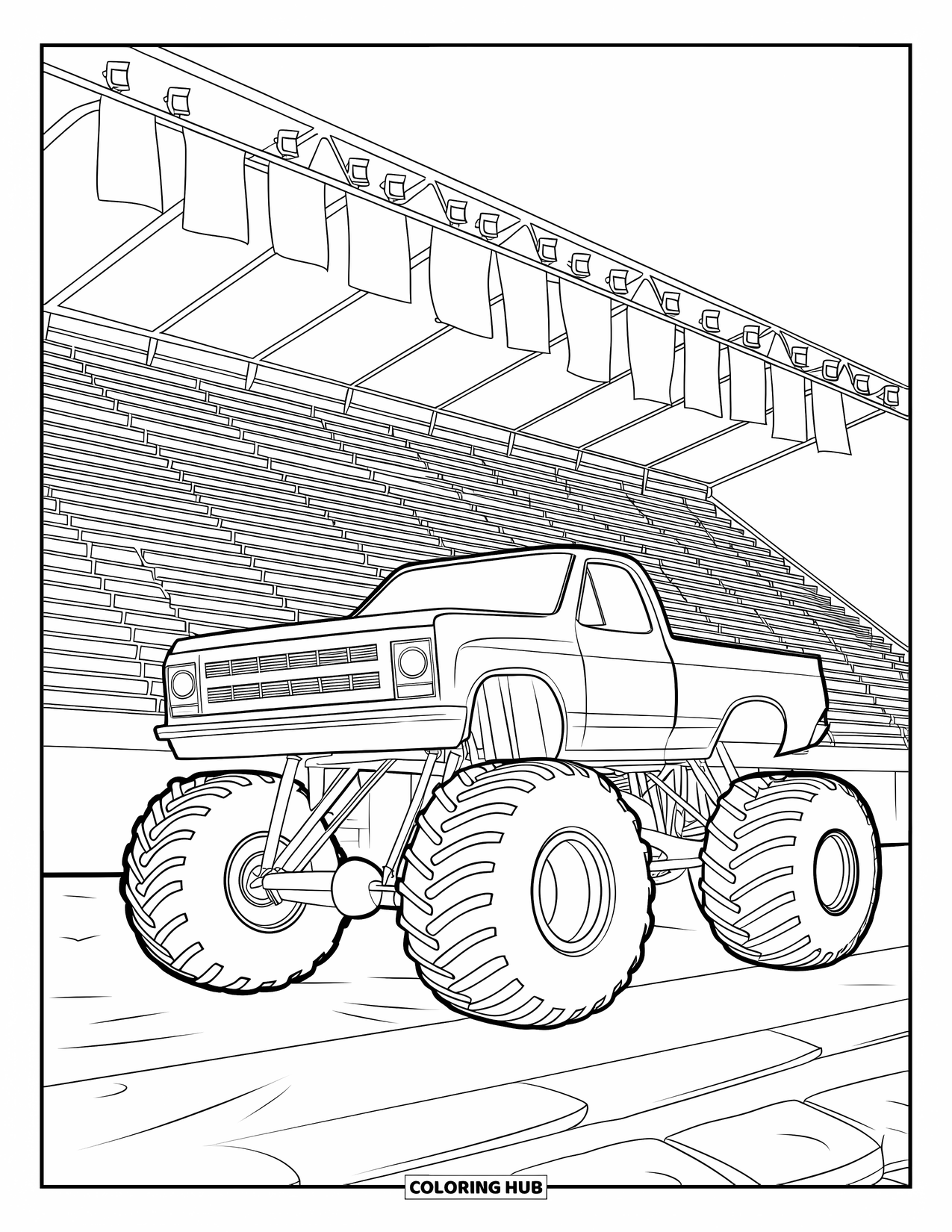 Lifted Truck Coloring Page for Adults: A lifted monster truck with big tires is parked inside a stadium arena