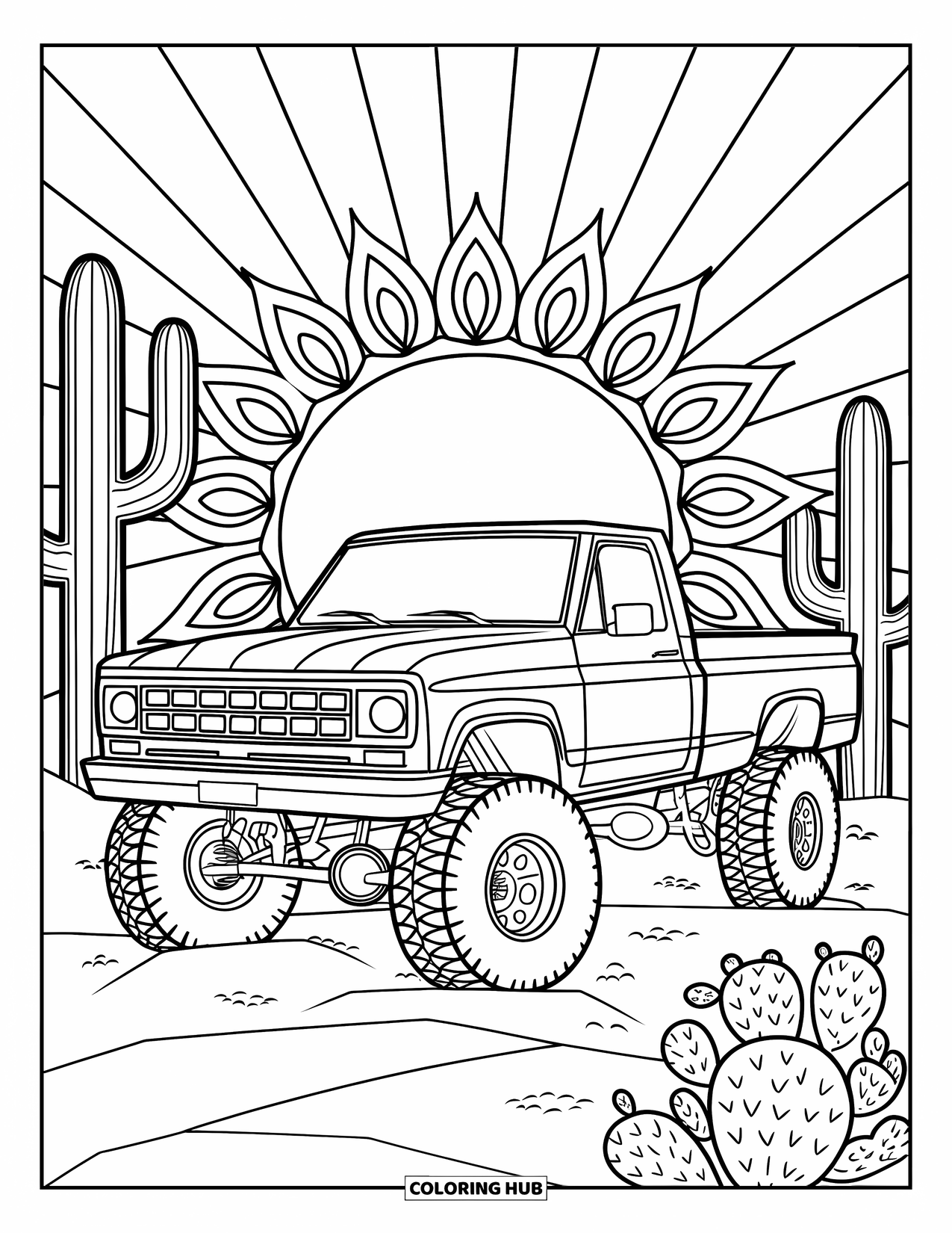 Lifted Truck Coloring Page for Adults: A lifted off-road truck with roll cage is parked among cacti and sun rays