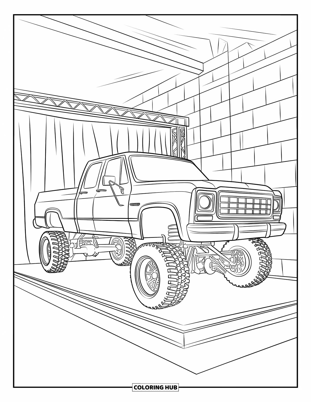 Lifted Truck Coloring Page for Adults: A lifted show truck shines on stage with display stands and a curtain backdrop