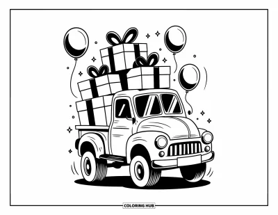 Målarbild med liftad pickup för vuxna: En liftad lastbil bär presentaskar omgiven av ballonger och glitter