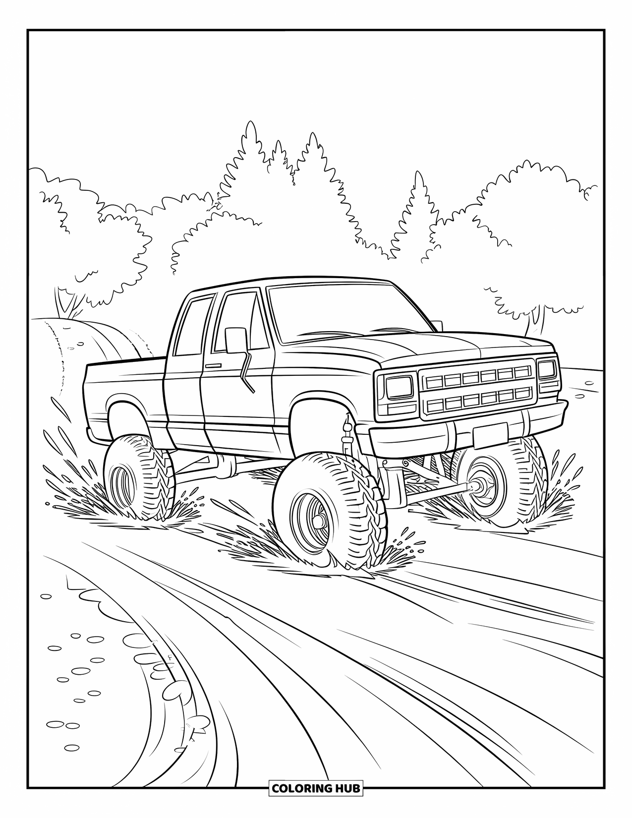Lifted Truck Coloring Page for Adults: A lifted truck is partially submerged in mud with splashes trailing behind