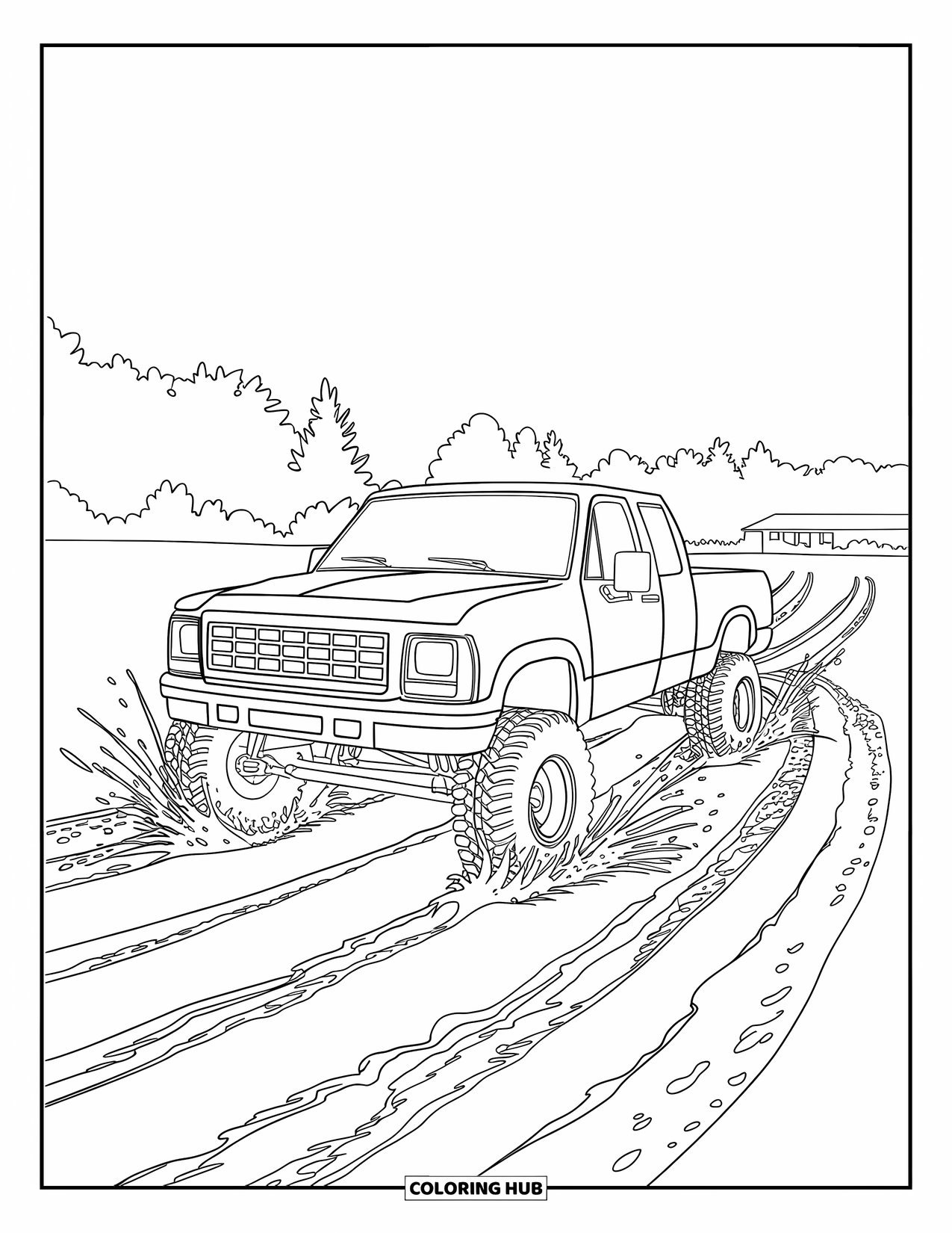 Lifted Truck Coloring Page for Adults: A lifted truck powers through muddy ruts in a competition scene