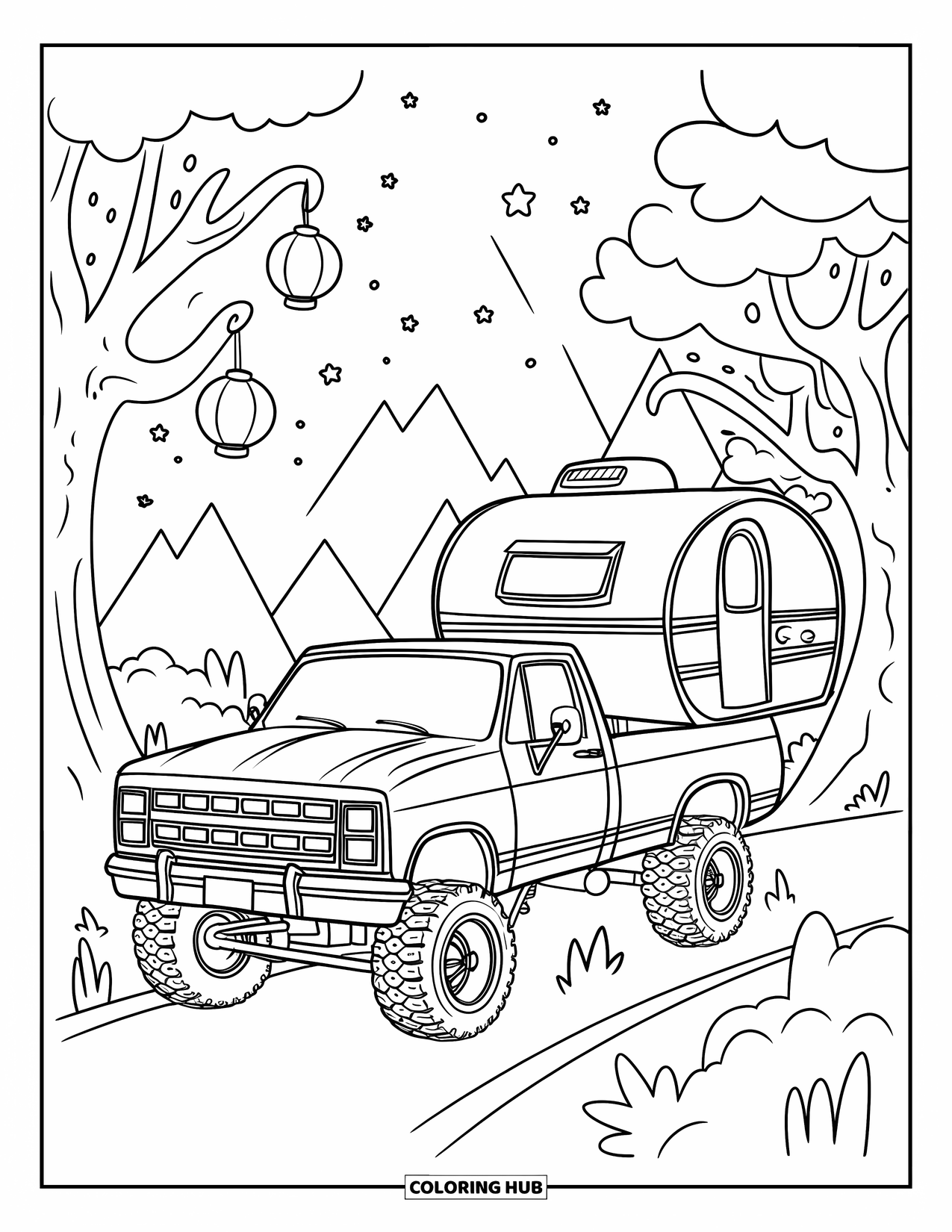 Lifted Truck Coloring Page for Adults: A lifted truck tows a tiny camper beneath whimsical trees with lanterns