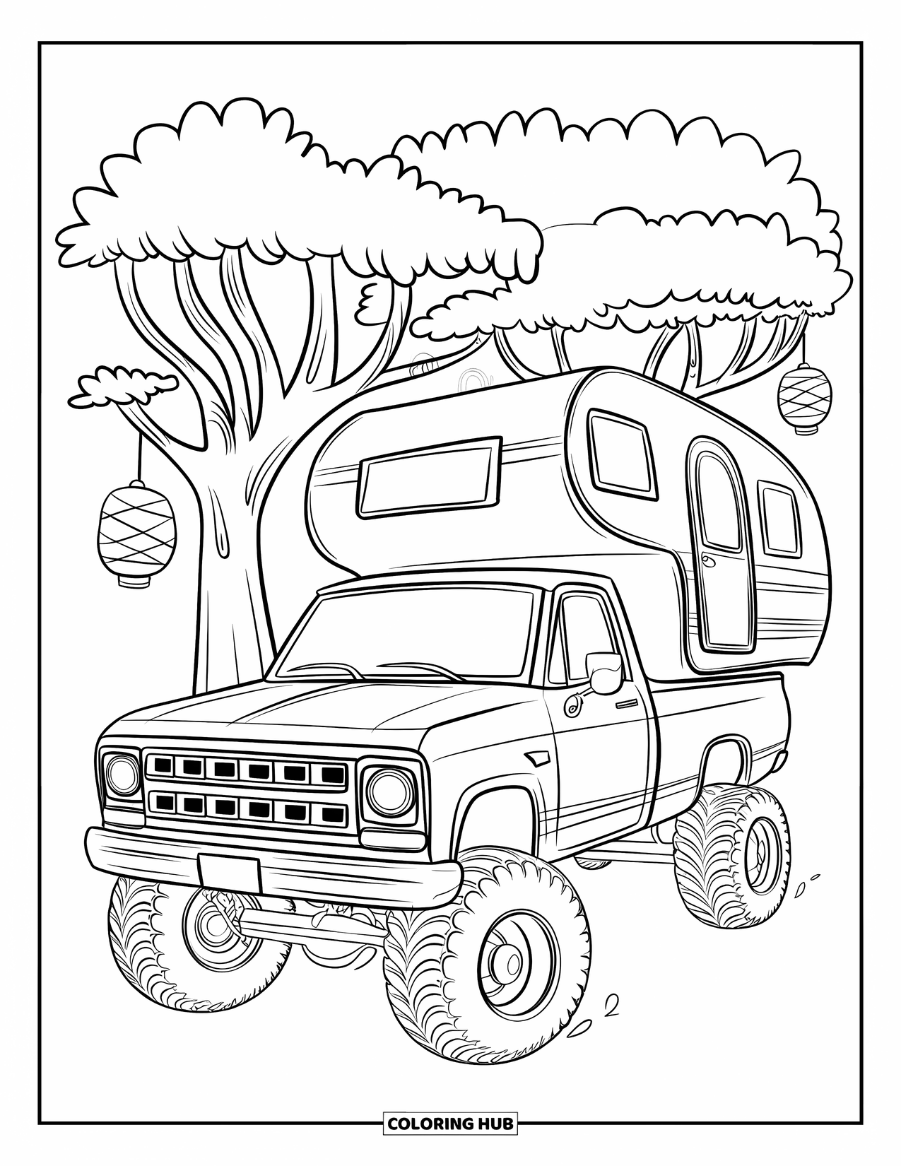 Lifted Truck Coloring Page for Adults: A lifted truck tows a tiny camper under lantern-lit whimsical trees