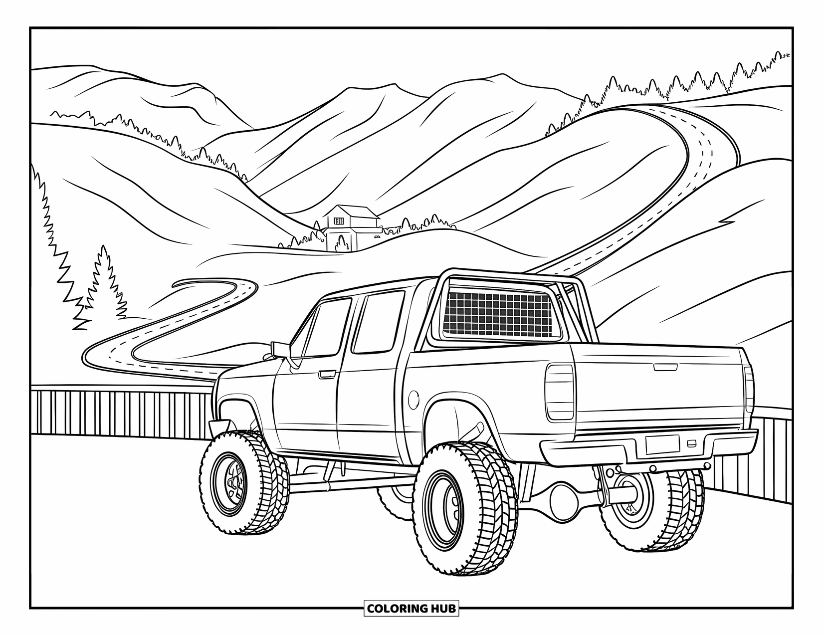 Lifted Truck Coloring Page for Adults: A lifted truck with a cage is parked at an overlook with winding mountain roads