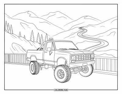 Målarbild med liftad pickup för vuxna: En liftad lastbil med bur är parkerad vid en bergsavsats med vägar