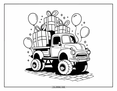 Målarbild med liftad pickup för vuxna: En liftad lastbil med stora hjul bär presentaskar och omges av ballonger