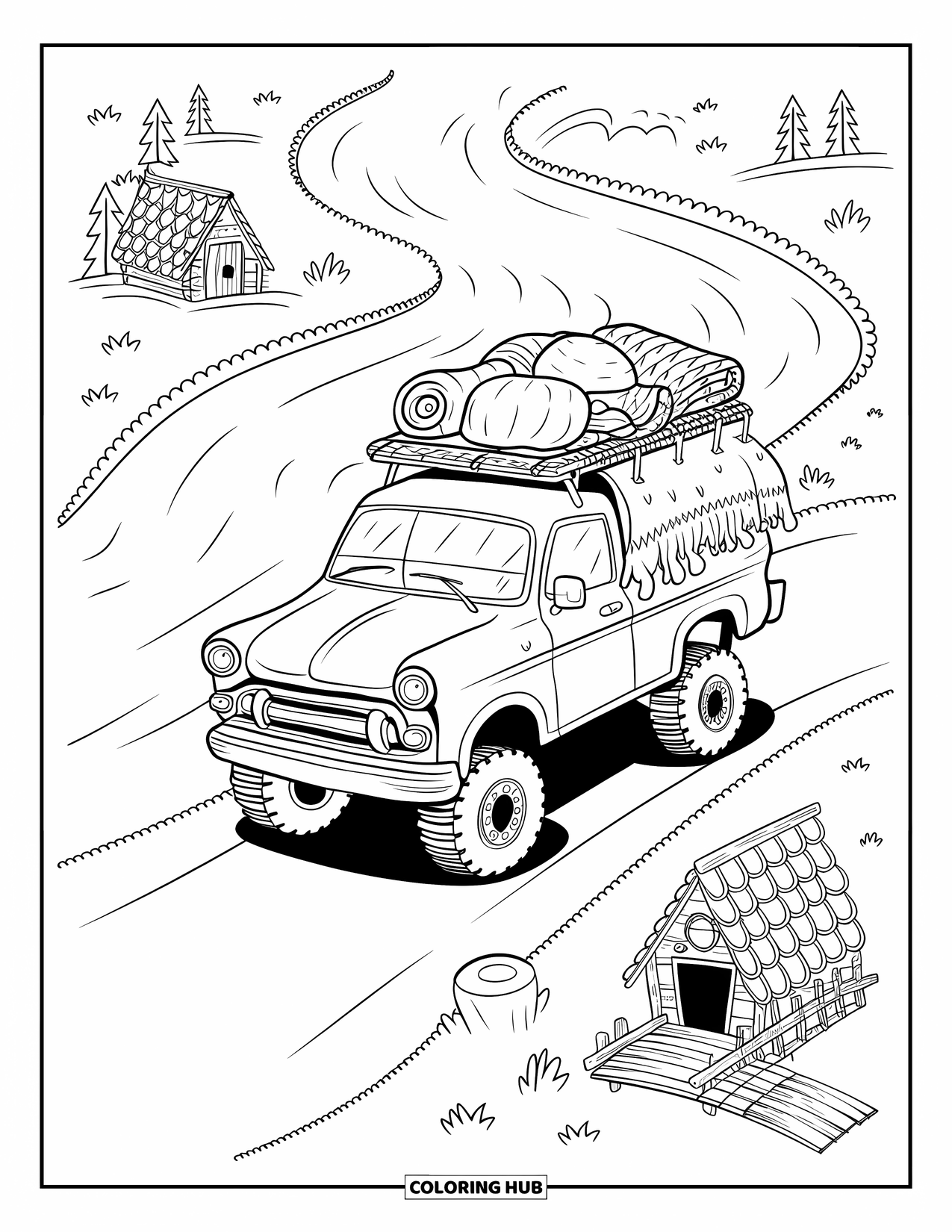 Lifted Truck Coloring Page for Adults: A lifted truck with blankets and pillows is parked beside a river with tiny cabins
