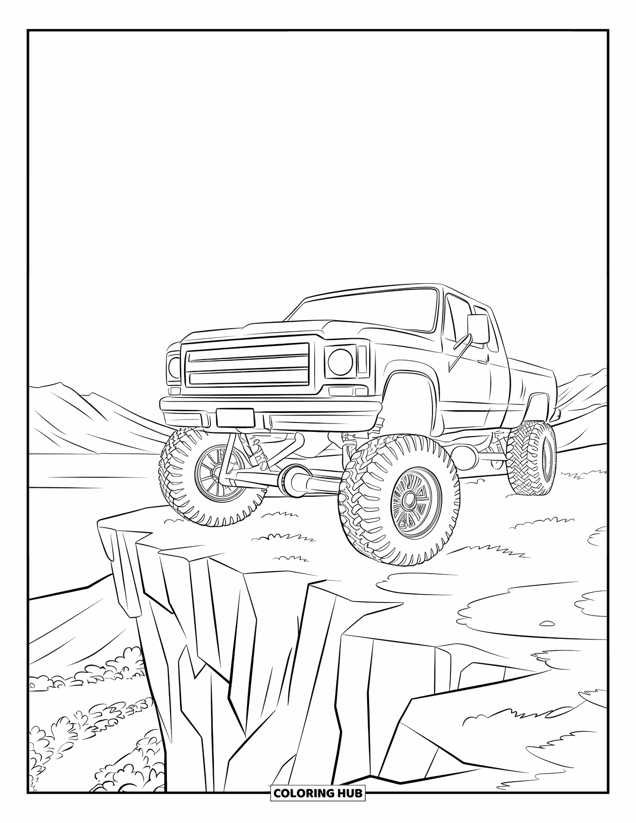 Lifted Truck Coloring Page for Adults: A lifted truck with exposed suspension is parked on a rocky ledge
