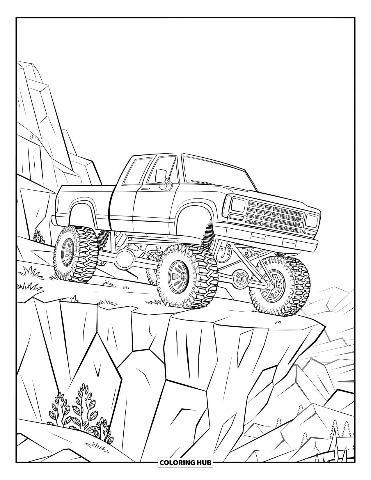 Lifted Truck Coloring Page for Adults: A lifted truck with exposed suspension stands on rocky terrain with plants