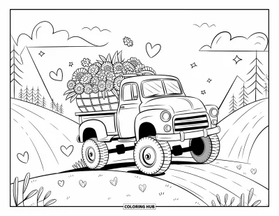 Målarbild med liftad pickup för vuxna: En liftad lastbil med blommor kör längs en backestig med hjärtan och stjärnor