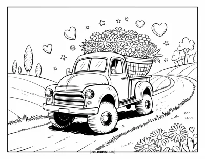 Målarbild med liftad pickup för vuxna: En liftad lastbil med blommor kör längs en backestig omgiven av hjärtan och stjärnor