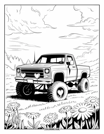 Målarbild med liftad pickup för vuxna: En liftad lastbil med hjärtformade navkapslar är parkerad på en äng med prästkragar