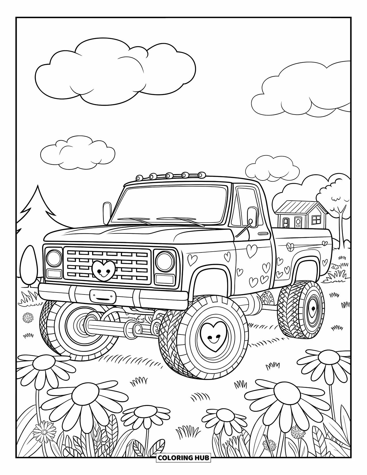 Lifted Truck Coloring Page for Adults: A lifted truck with heart hubcaps rests in a meadow with daisies and cute patterns