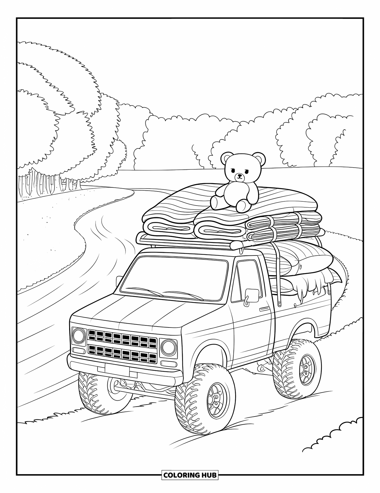 Lifted Truck Coloring Page for Adults: A small lifted truck with blankets and pillows carries a teddy bear by a river