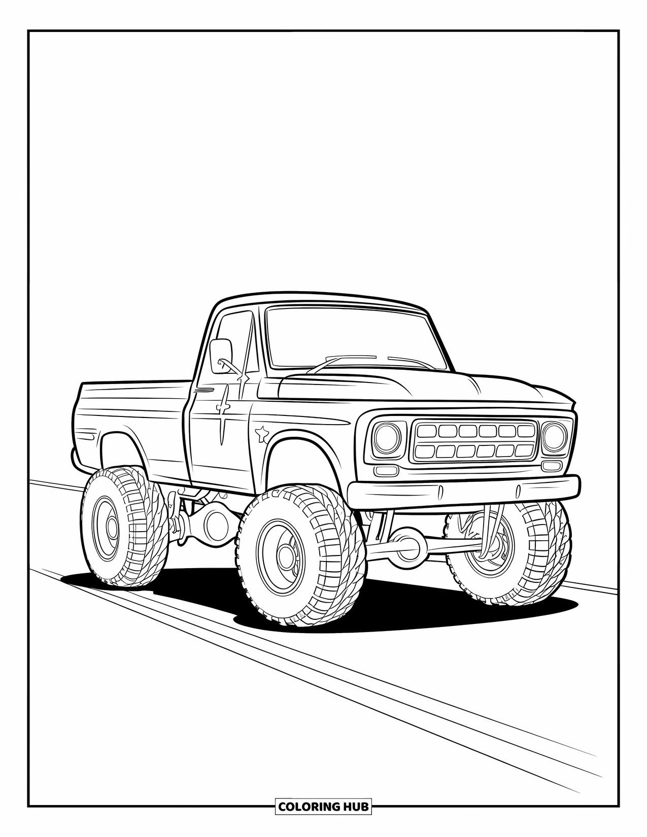 Lifted Truck Coloring Page for Kids: A cute lifted truck with oversized tires is parked on a flat road