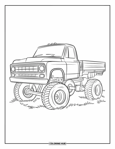 Målarbild med liftad pickup för barn: En vänlig liftad lastbil med runda hjul och tomt flak är parkerad på gräs