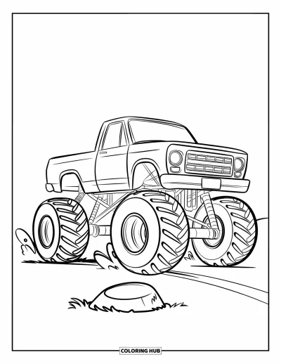 Målarbild med liftad pickup för barn: En liftad monstertruck med stora däck kör över en liten gupp på ett gräsfält