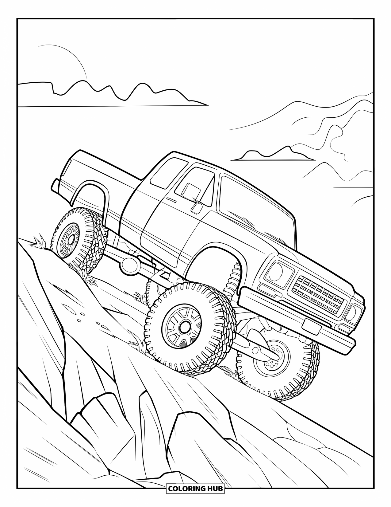 Lifted Truck Coloring Page for Kids: A lifted off-road truck powers up a steep rocky slope